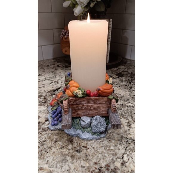 Fall Candle Holder Pumpkins Grapes Squash Home Decor In Wheelbarrow Cart - Picture 14 of 16